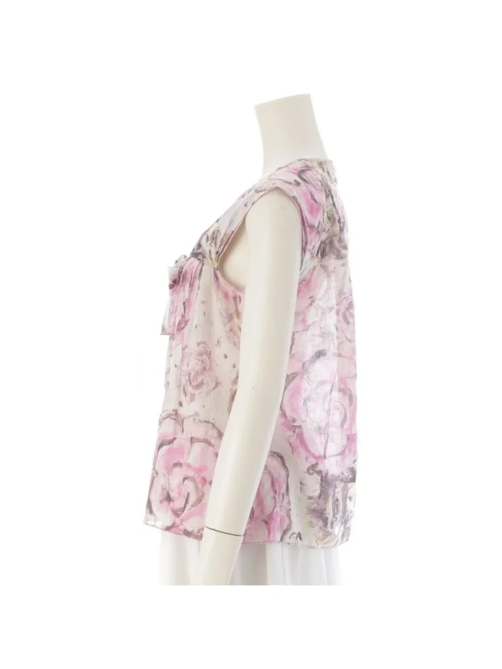 Chanel 09P Camellia Cotton Bow Tie Sleeveless Blouse Top Pink White Yellow 38